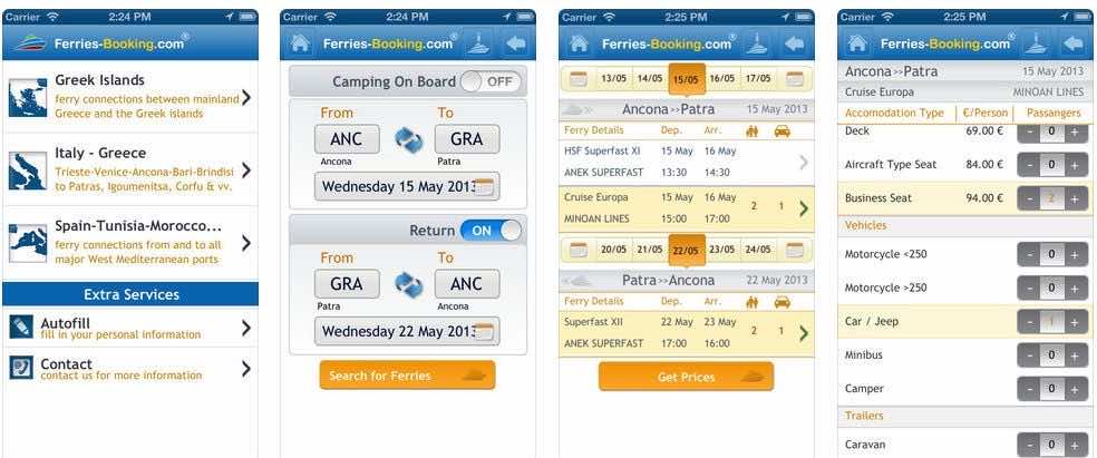 Κολάζ με screenshots από την εφαρμογή Ferries-Tickets-Online