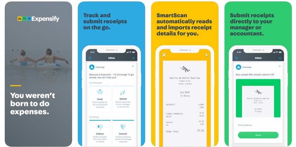τέσσερις εικόνες από την εφαρμογή Expensify 