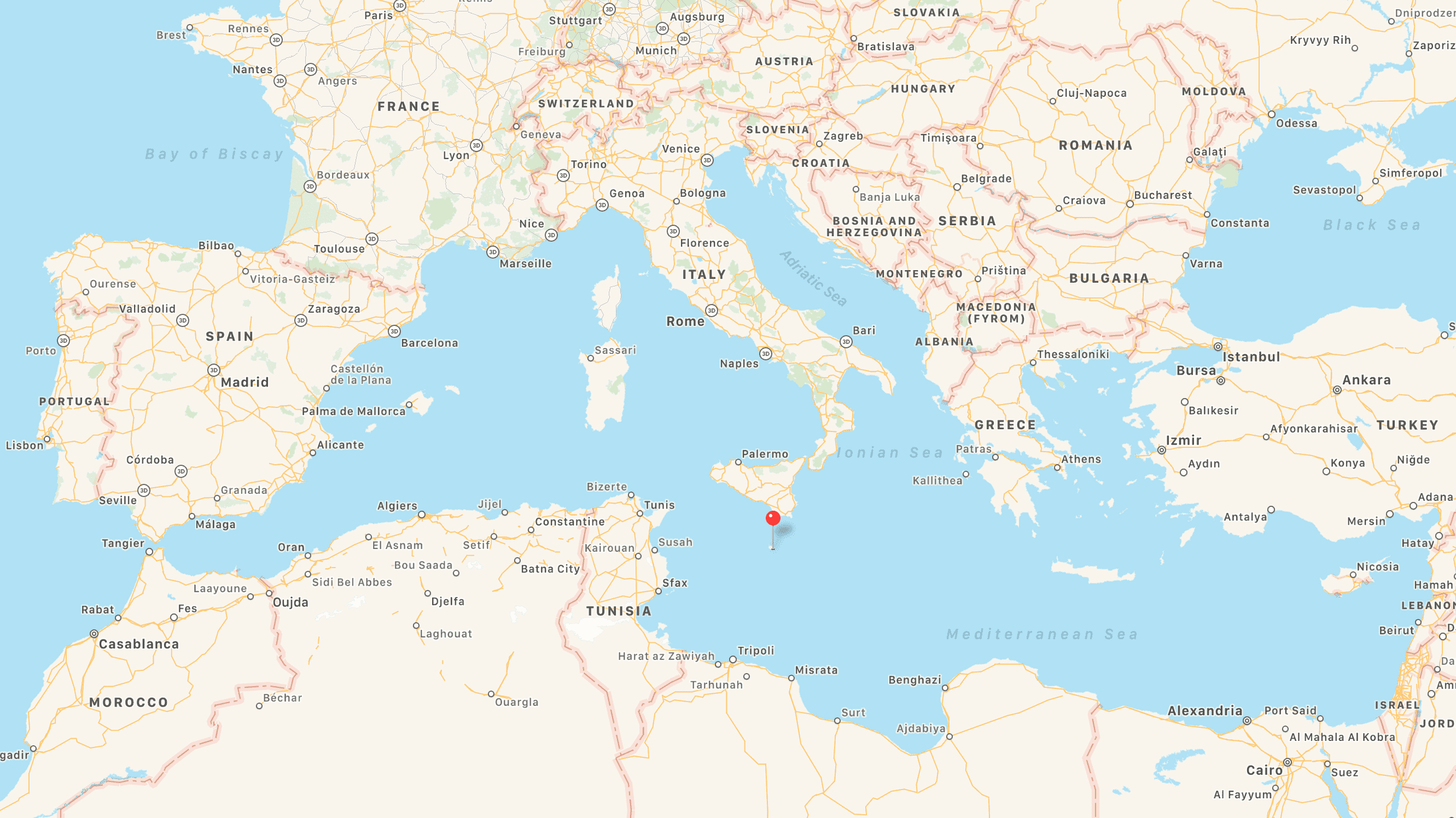 χάρτης με τις μεσογειακές χώρες και πινέζα στα χωρικά ύδατα της Μάλτας 