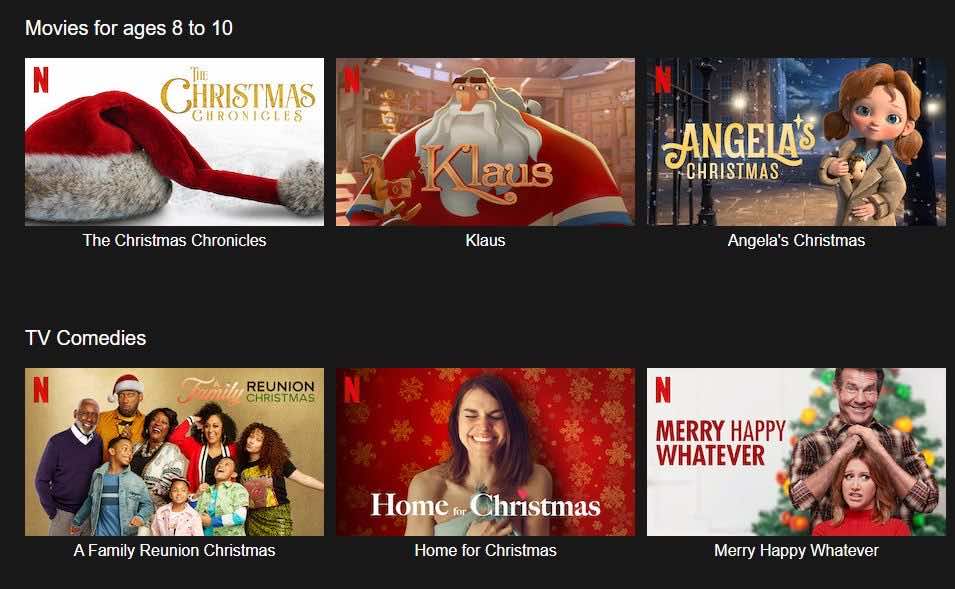 Screenshot από το Netflix με έξι χριστουγεννιάτικες ταινίες