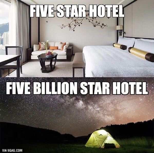 Στο πάνω μέρος εσωτερικό δωματίου ξενοδοχείου πέντε αστέρων και στο κάτω σκηνή από κάμπινγκ με το φώς των αστεριών 