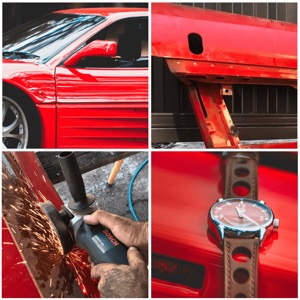 διάφορα μέρη της Ferrari και το ρολόι που φτιάχτηκε από αυτήν