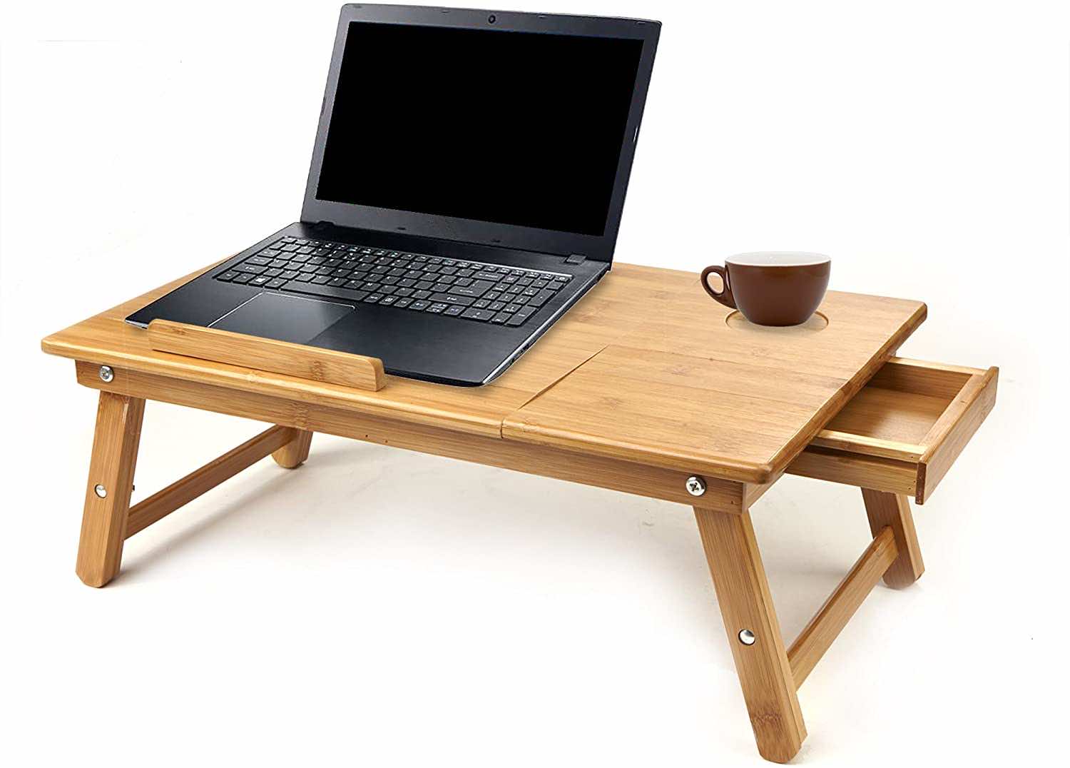 Ξύλινο μικρό γραφείο με laptop και μια καφέ κούπα