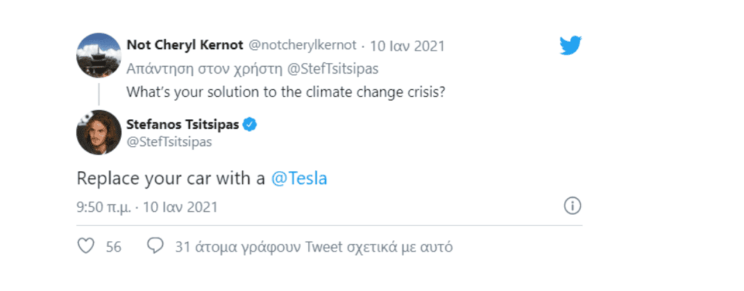 Tweet του Τσιτσιπά που στηρίζει τα ηλεκτρικά Tesla