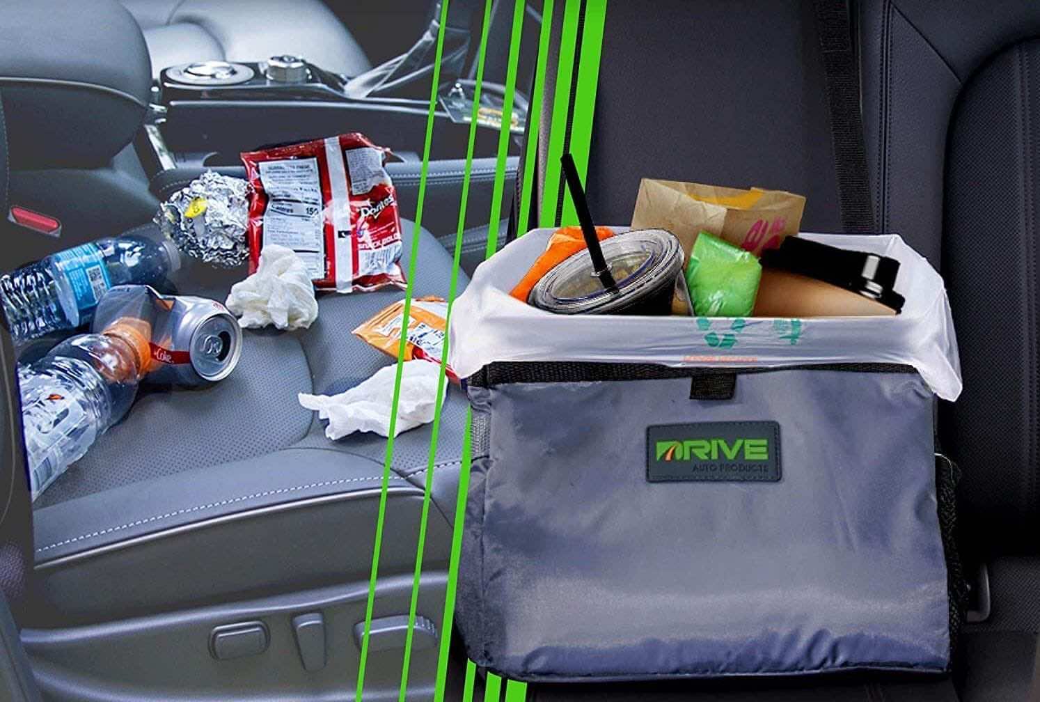 Κάθισμα αυτοκινήτου με σκουπίδια και φορητός κάδος