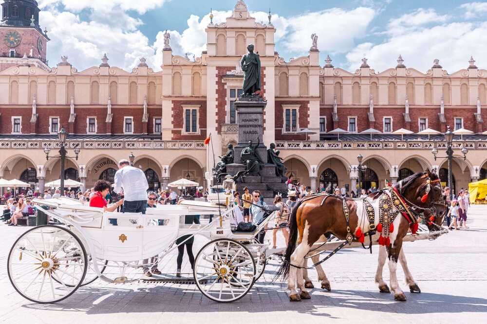 Εικόνα από Πολωνία σε δημόσιο χώρο, μπροστά άμαξα με άλογο και κόσμο να περπατά ή να κάθεται