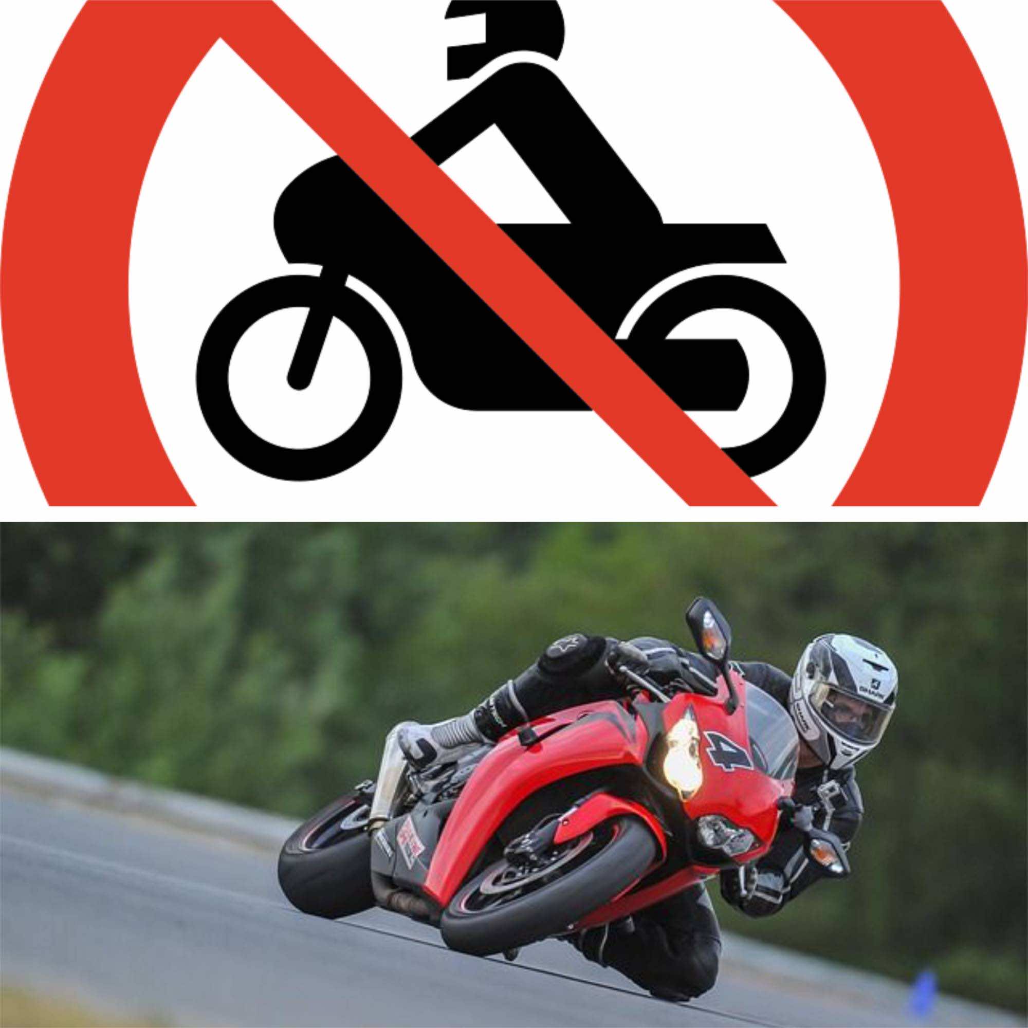 σήμανση απαγόρευσης μοτοσικλέτας και μοτοσικλέτα κινούμενη στο δρόμο