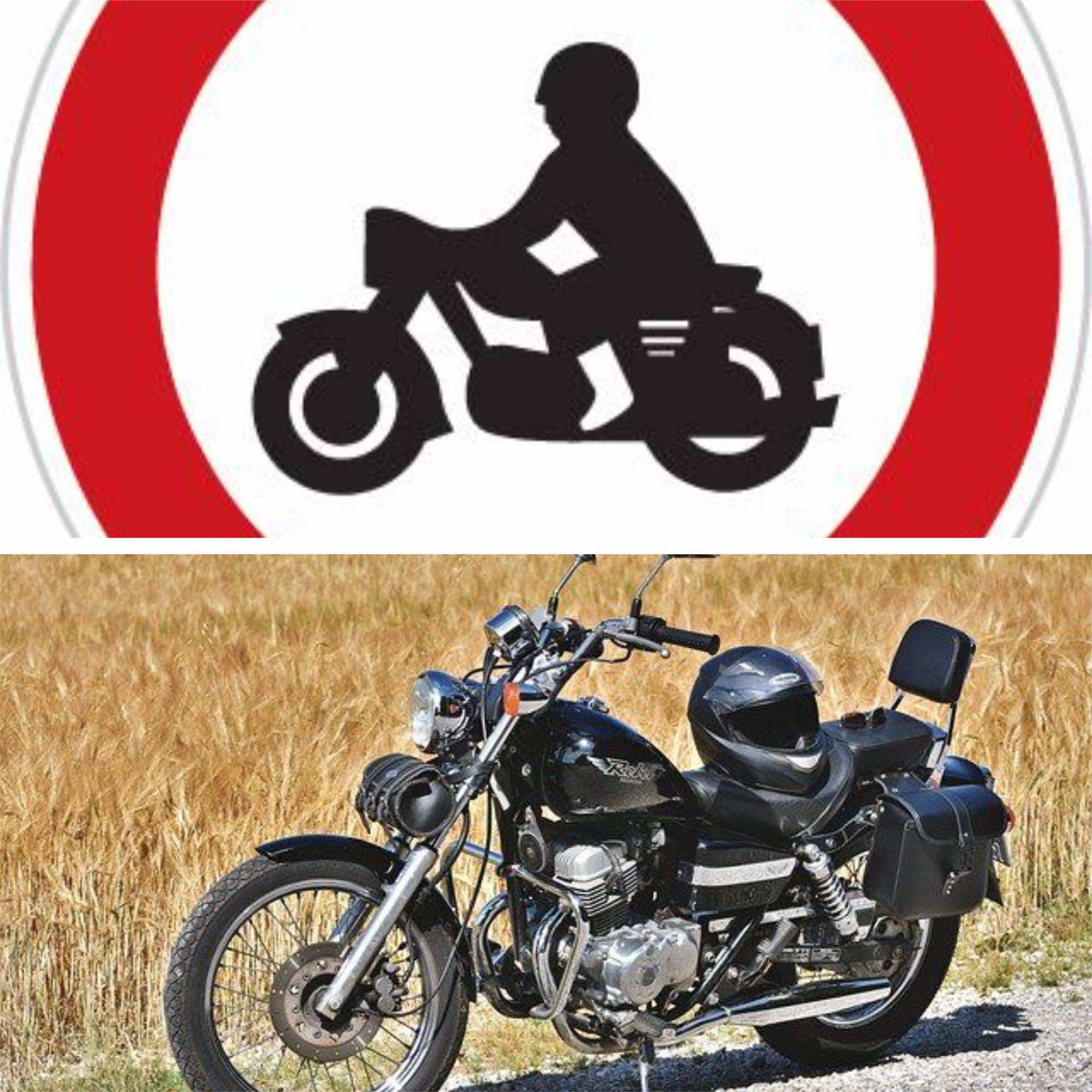 σήμανση απαγόρευσης μοτοσικλέτας και μοτοσικλέτα παρκαρισμένη στο δρόμο