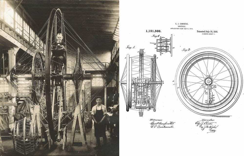 Κολάζ με φωτογραφία και σχέδιο - Το Aero-unicycle του Alfred D'Harling 