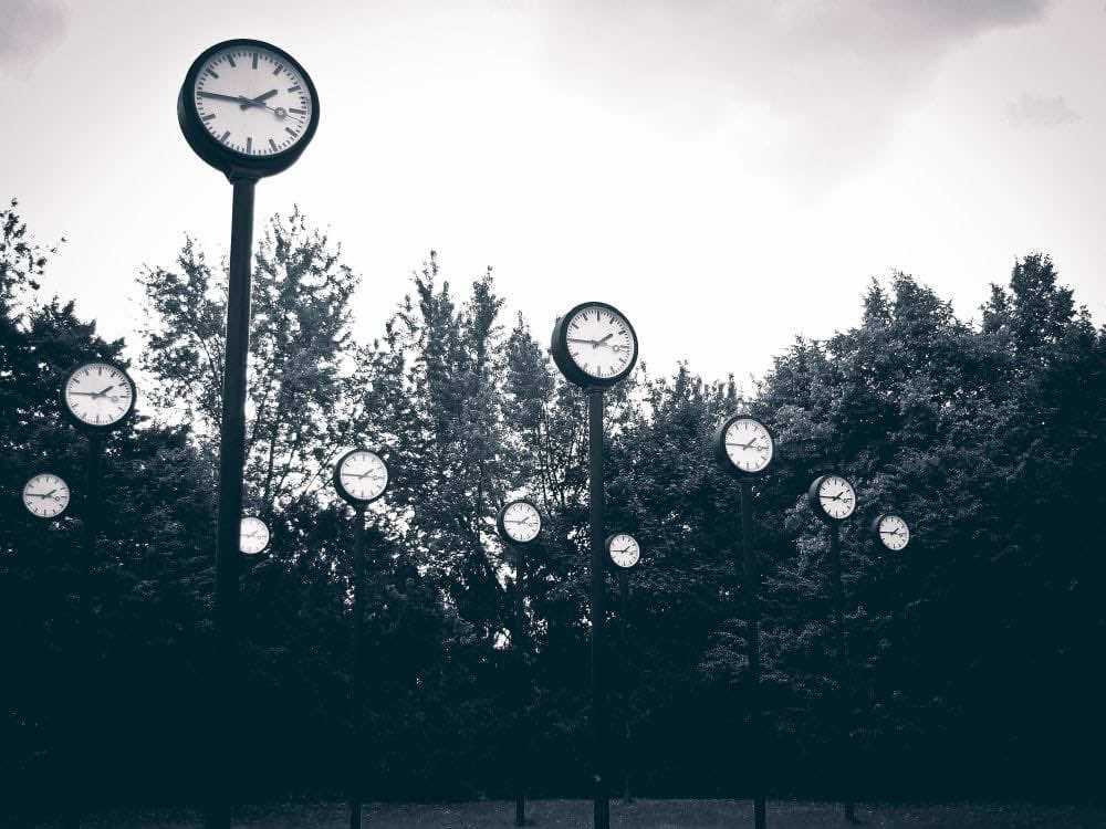 ασπρόμαυρη εικόνα με στρογγυλά ρολόγια πάνω σε στύλους με φόντο δέντρα