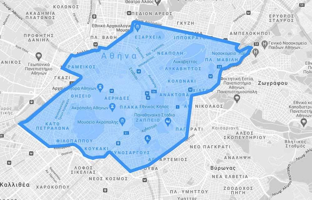  ασπρόμαυρος χάρτης Αθήνας, περιοχή κέντρου σε μπλε χρώμα