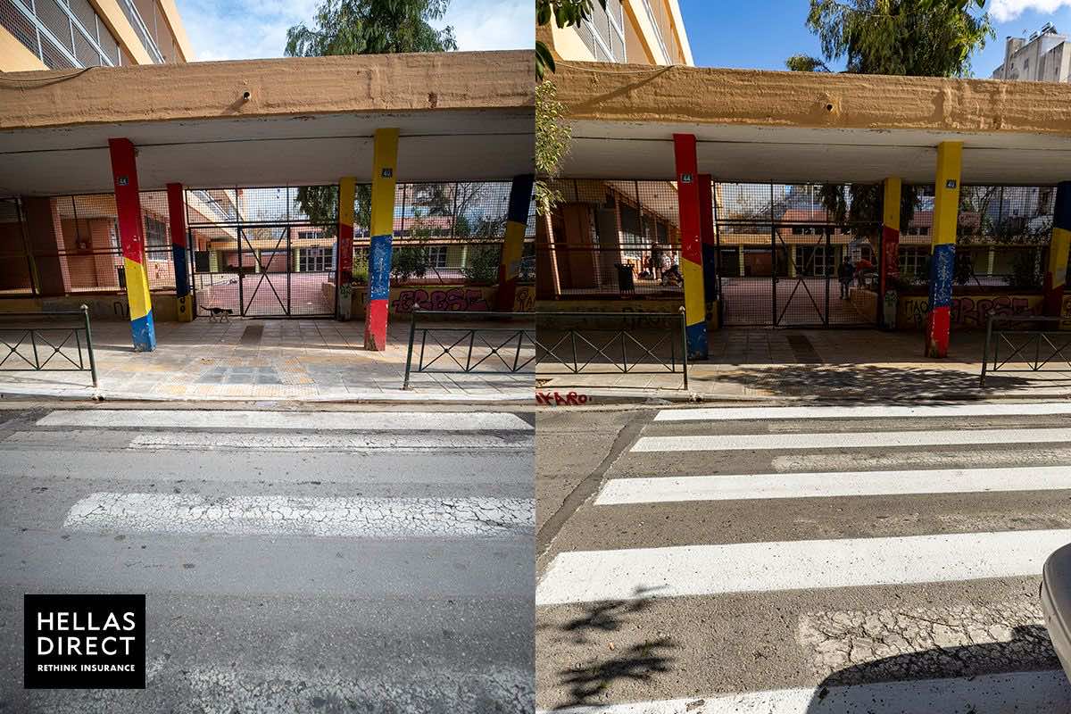 Δρόμος έξω από σχολείο πριν και αφού φτιάχτηκε η διάβαση πεζών