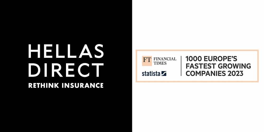logo Hellas Direct και δίπλα logo Financial Times statista με κείμενο 1000 Europe's Fastest Growing Companies 2022 2023