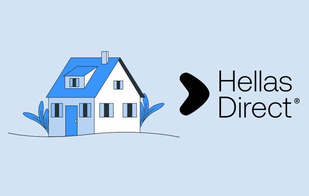 Εικόνα σε μπλε φόντο με σχέδιο σπιτιου αριστερά και δεξιά λογότυπο Hellas Direct