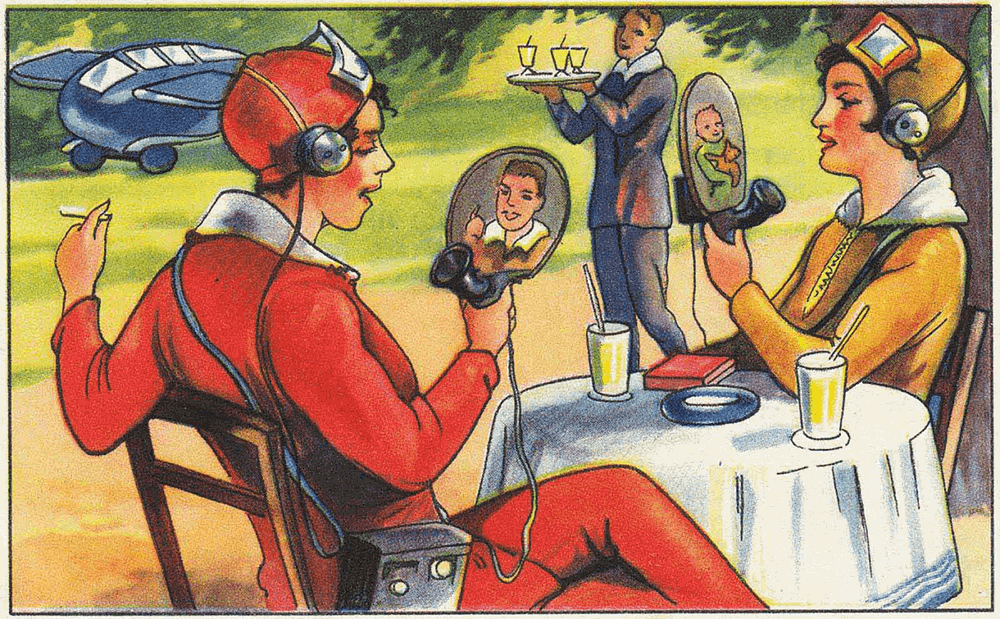 Σκίτσο με γυναίκες να κρατούν συσκευές τηλεφώνου με οθόνες