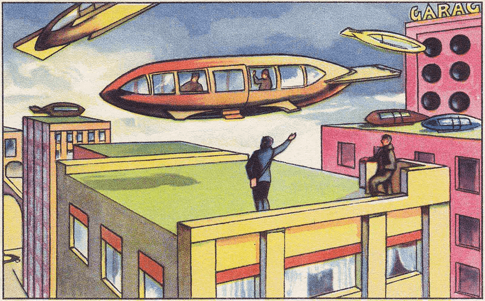 Σκίτσο με ζέπελιν με επιβάτες να αιωρείται, άνθρωπος πάνω σε κτίριο χαιρετά