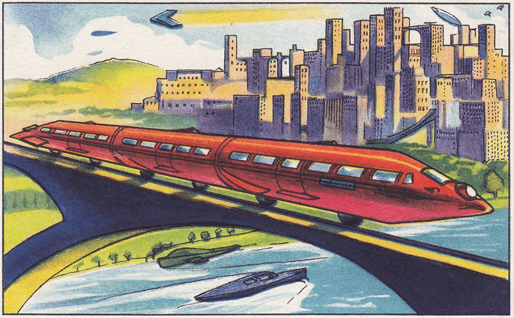 σκίτσο πόλης με κτίρια στο φόντο, μπροστά ένα κόκκινο τρένο σε μία ράγα