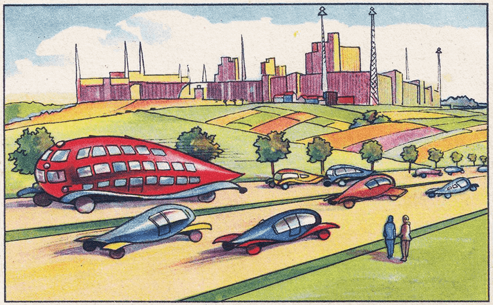 φουτουριστικό σκίτσο με δρόμους, δέντρα, αεροδυναμικά αυτοκίνητα και στο βάθος πόλη
