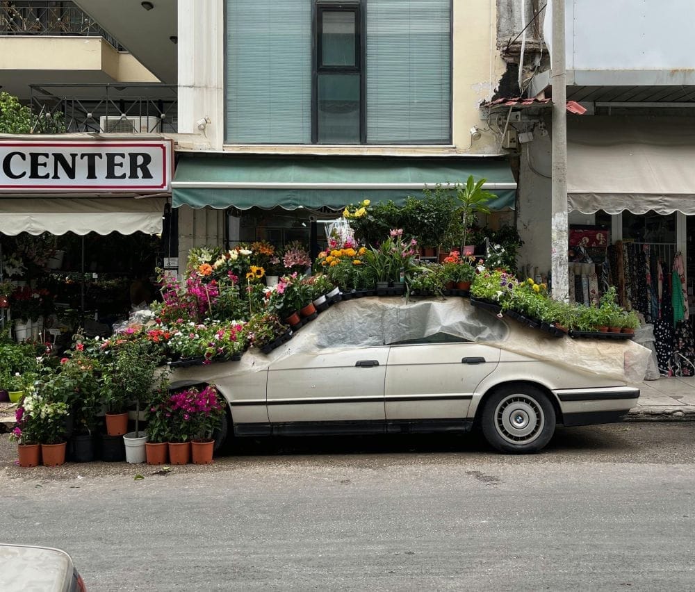 Αυτοκίνητο παρκαρισμένο καλυμμένο με λουλούδια σε γλάστρες