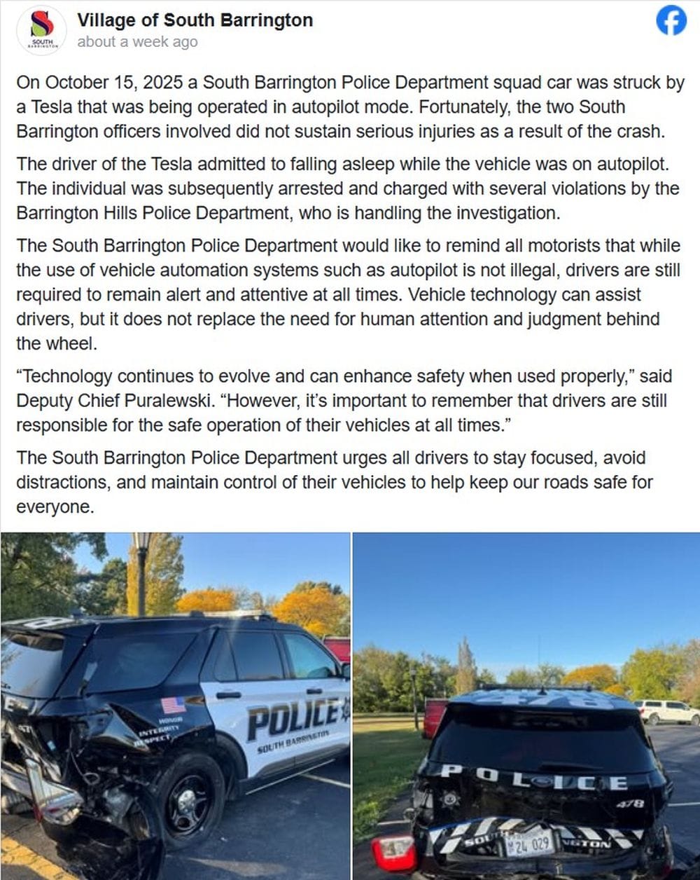 εικόνα και κείμενο από post στο Facebook από την αστυνομία. Στις φωτογραφίες το τρακαρισμένο περιπολικό