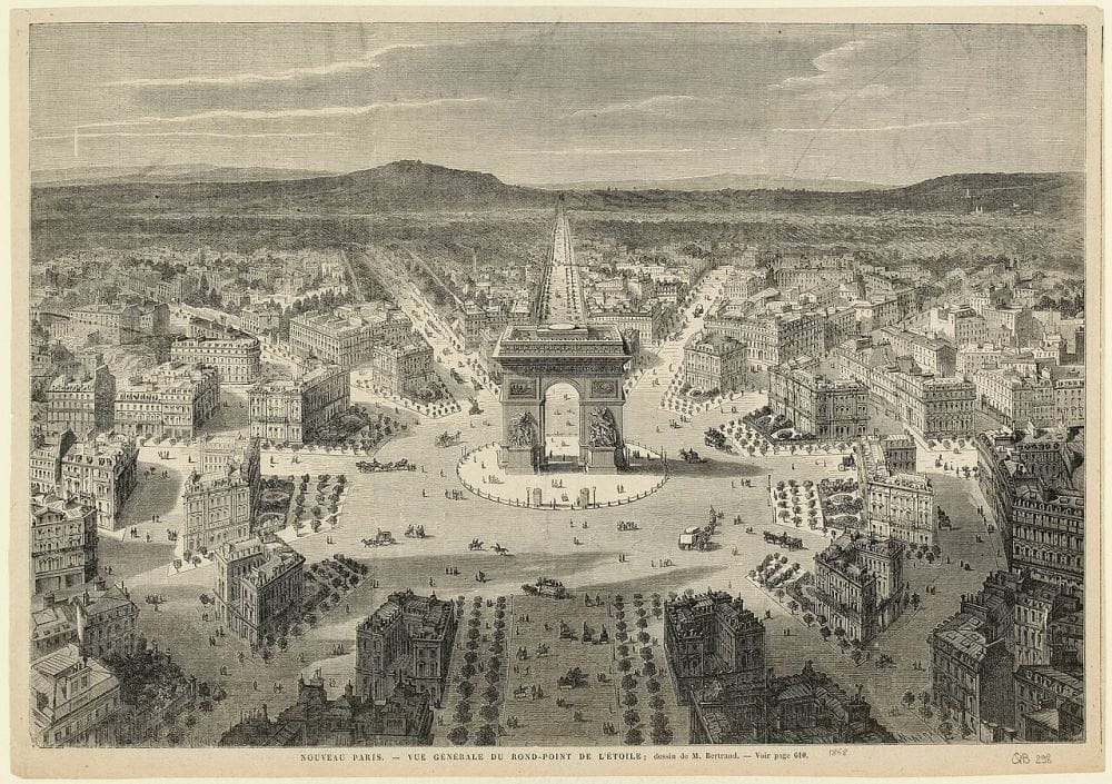 Γκραβούρα η Αψίδα του Θριάμβου στο Παρίσι και οι ακτινωτοί δρόμοι γύρω της 