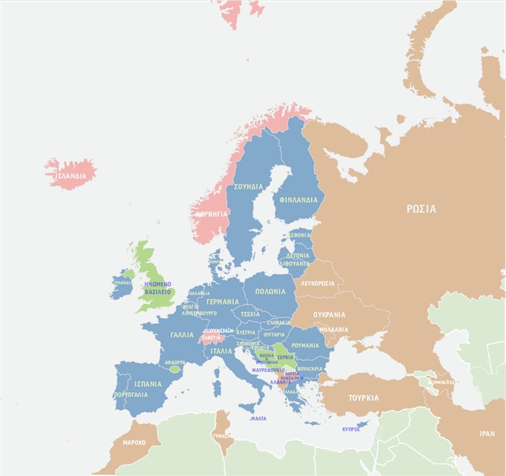 χάρτης της Ευρώπης με διαφορετικά χρώματα στις χώρες ανάλογα με το σύστημα πράσινης κάρτας