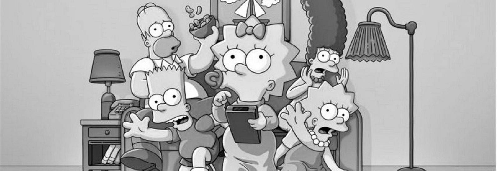ασπρόμαυρο screen shot από τη σειρά The Simpsons, όλοι έξαλλοι και οι γονείς σαστισμένοι