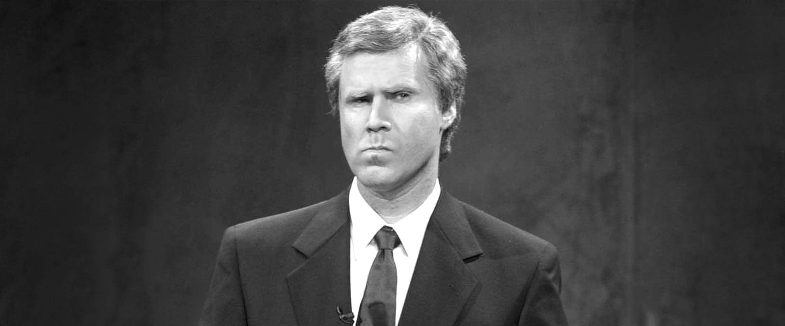 ασπρόμαυρη εικόνα, ο Will Ferrell με ύφος σκεπτικό και αστείο βλέμμα 