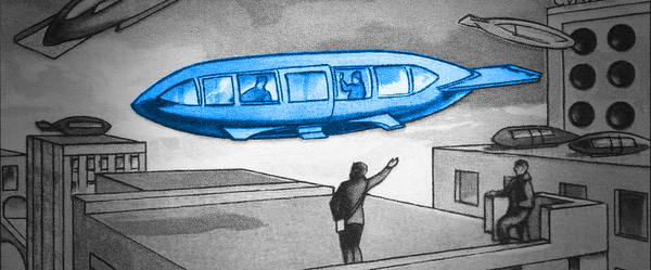 Σχέδιο ασπρόμαυρο με μπλε ζέπελιν με επιβάτες να αιωρείται, άνθρωπος πάνω σε κτίριο χαιρετά