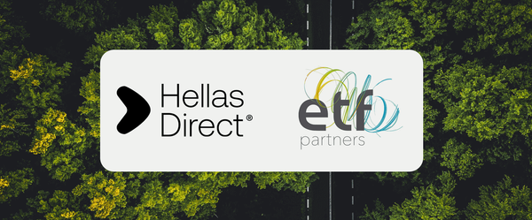 drone shot με πράσινα δέντρα με δρόμο ανάμεσά τους, στη μέση τα logos Hellas Direct & ETF